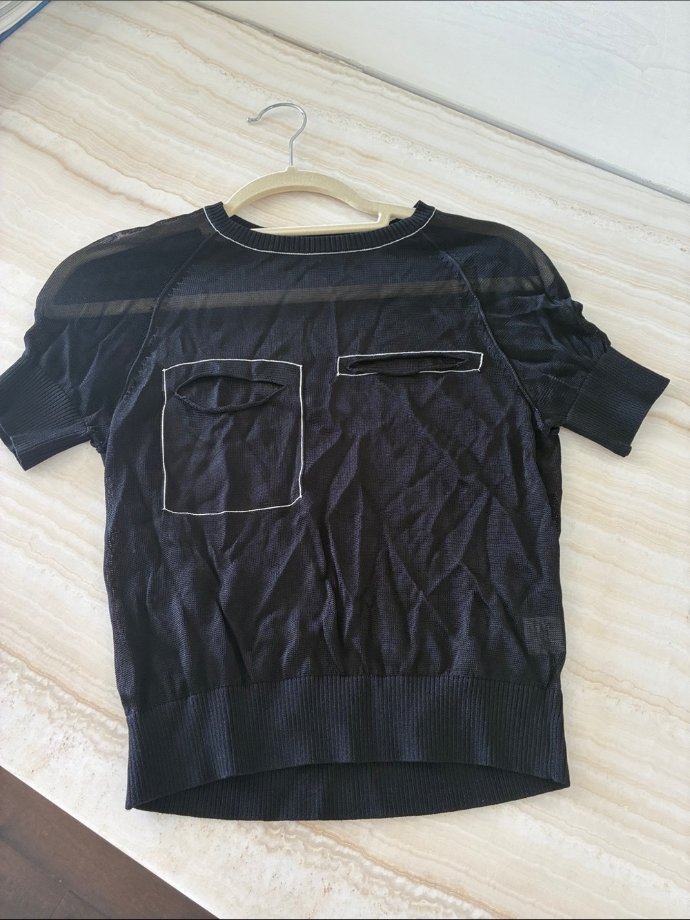Nasty Gal Black Short-Sleeve Sheer Knit Top with Contrast Pocket Trim